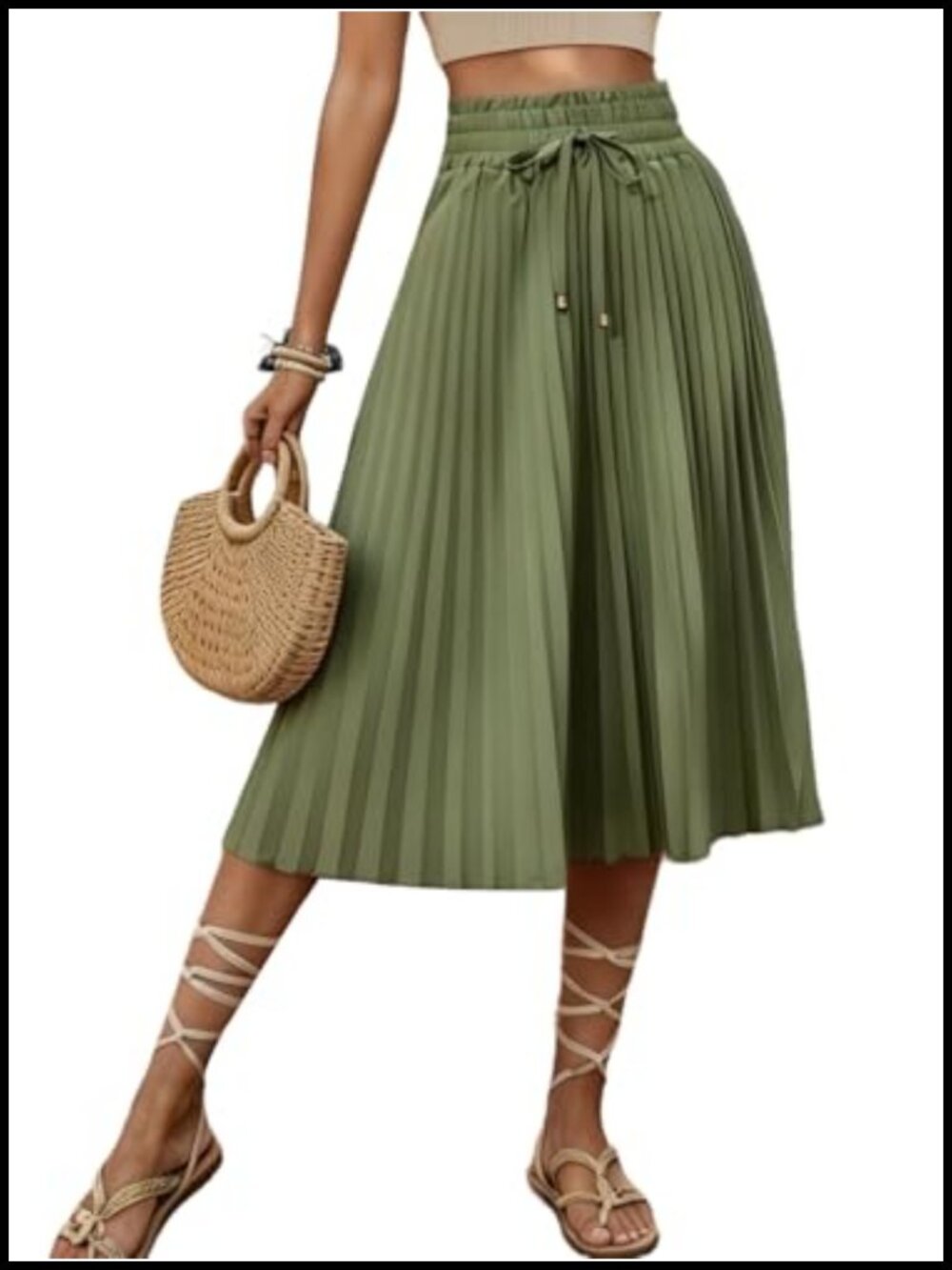 Women High Waist Pleated Midi Skirt Satin A-Line Flowy Elastic Waist